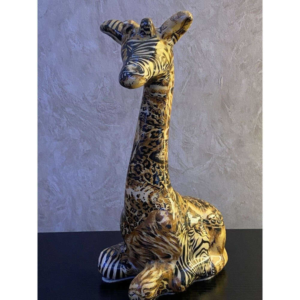 Vintage La Vie Ceramic Sitting Giraffe Safari Patchwork Animal Print Figurine